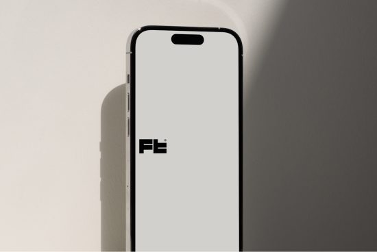 Smartphone mockup with shadow on neutral background for app design presentation, showcases sleek mobile device frame with blank screen for graphic display.